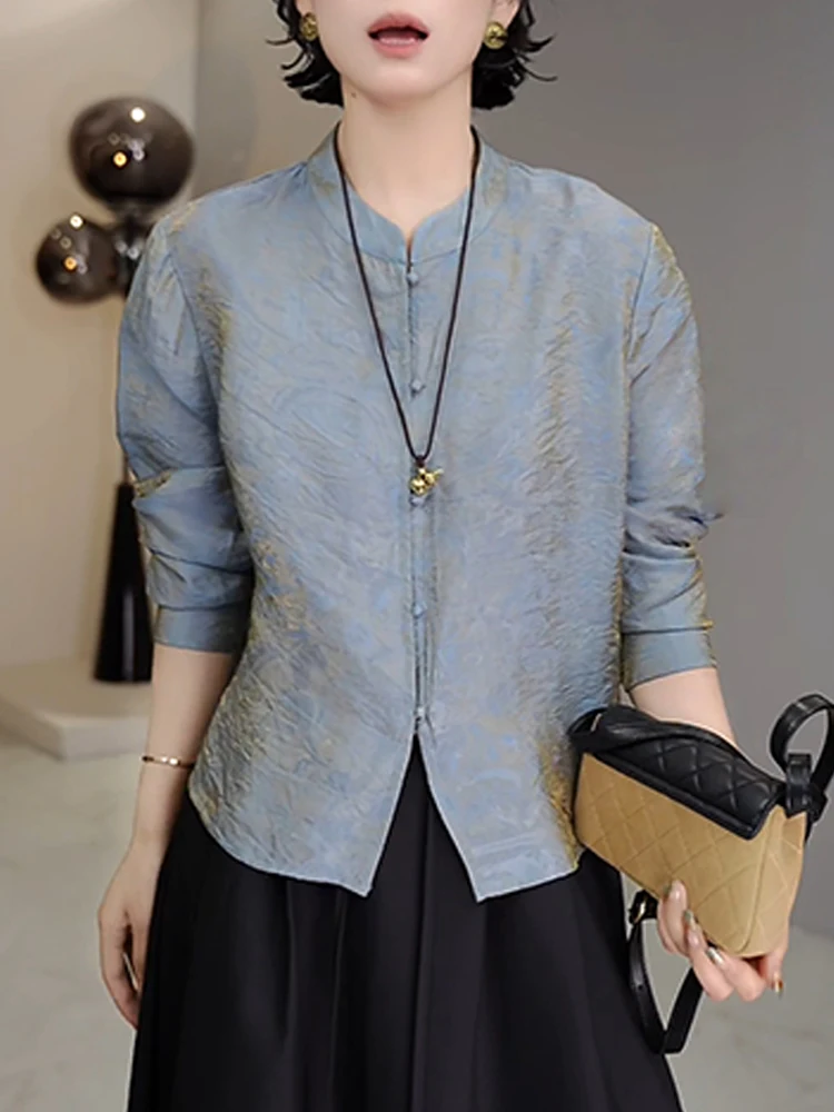 

Elegant Chinese Style Women's Shirt Floral Embroidery Dark Pattern Single Button Beautiful Top Casual Style Long Sleeve Breat...