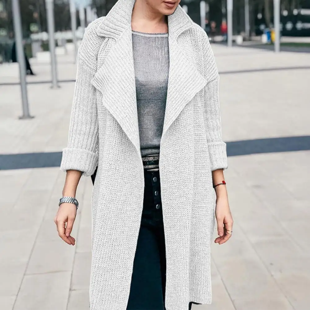 Women Trench Coat Overcoat Solid Lapel Long Sleeve Knitting Jacket Autumn Winter Mid Length Cardigan Windbreaker Streetwear