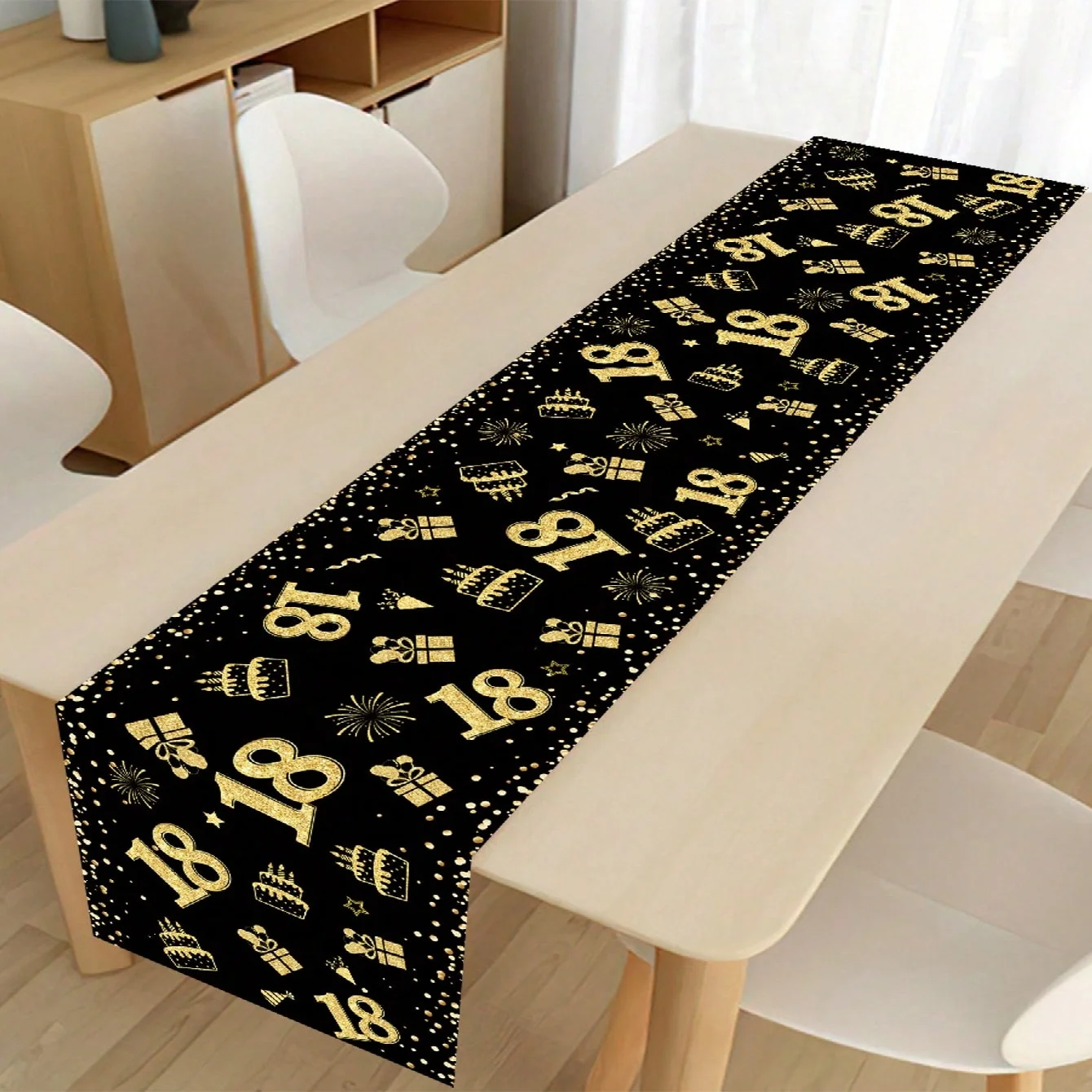1-teiliger Tischläufer zum 18. Geburtstag in Schwarz und Gold mit Goldfoliennummern-Dekoration, lange Tischdecke für Erwachsene, Party, Geburtstagsbankett-Tischdecke