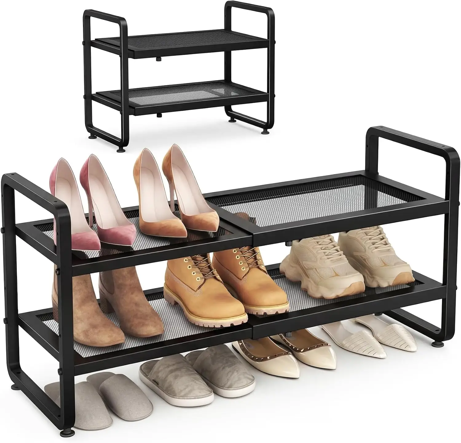 

Expandable Shoe Rack for Closet, Adjustable Metal Shoe Organizer with Sturdy Mesh Shelves for Boots & Heels,Black,2-Tier