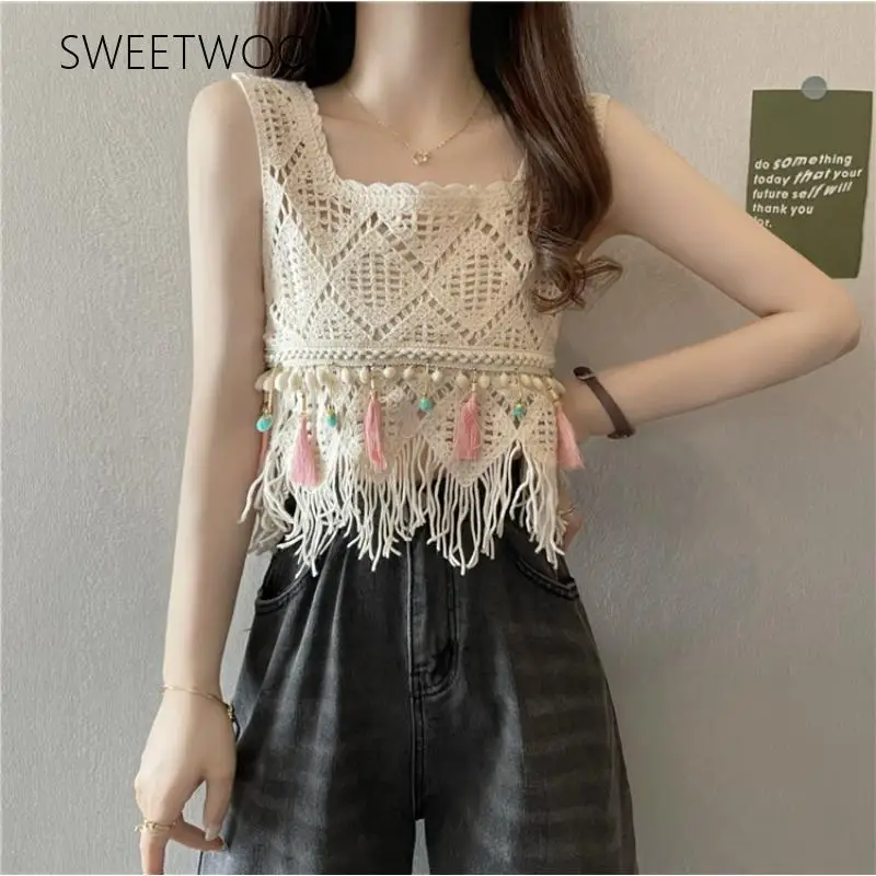 Fringed Crochet Tank Top for Women Sleeveless Square Neck Crop Top with Tassel Spring Summer 2026 Boho Vacation Outfit