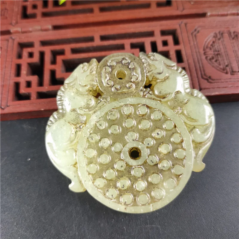 Antique Jade Natural Aged Crafts Xiu Jade Double Pixiu Jade Ring Pendant Hanging Ornament Handheld Piece Wholesale