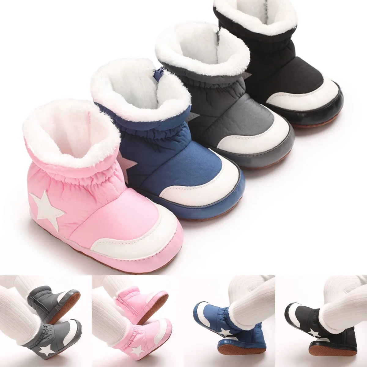 

Toddler 0-18Months Winter Snow Baby Warm Boots Newborn White Star Soft Sole First Walkers Shoes for Baby Girls Boys Infant Shoes