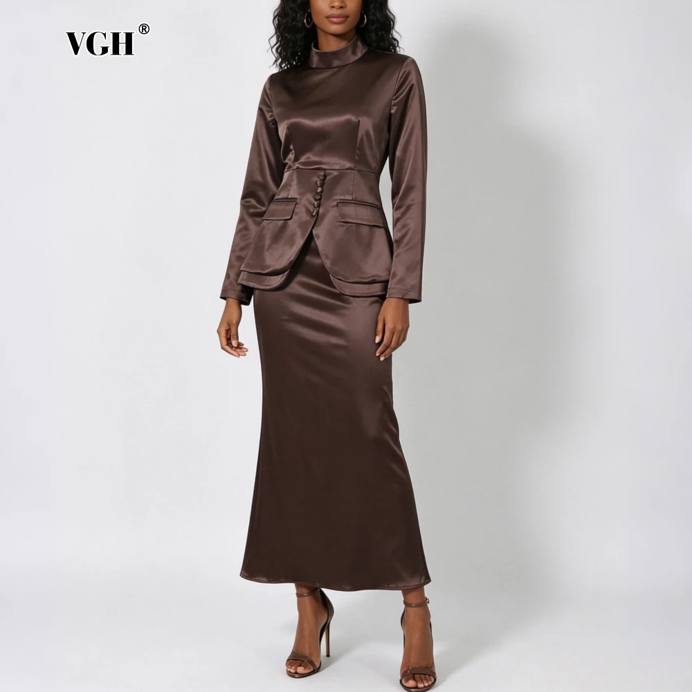 

VGH Solid Spliced Buttons Two Piece Set Female Stand Collar Long Sleeve Top Gentle Minimalist Women's Skirt Sets Fashion Summer
