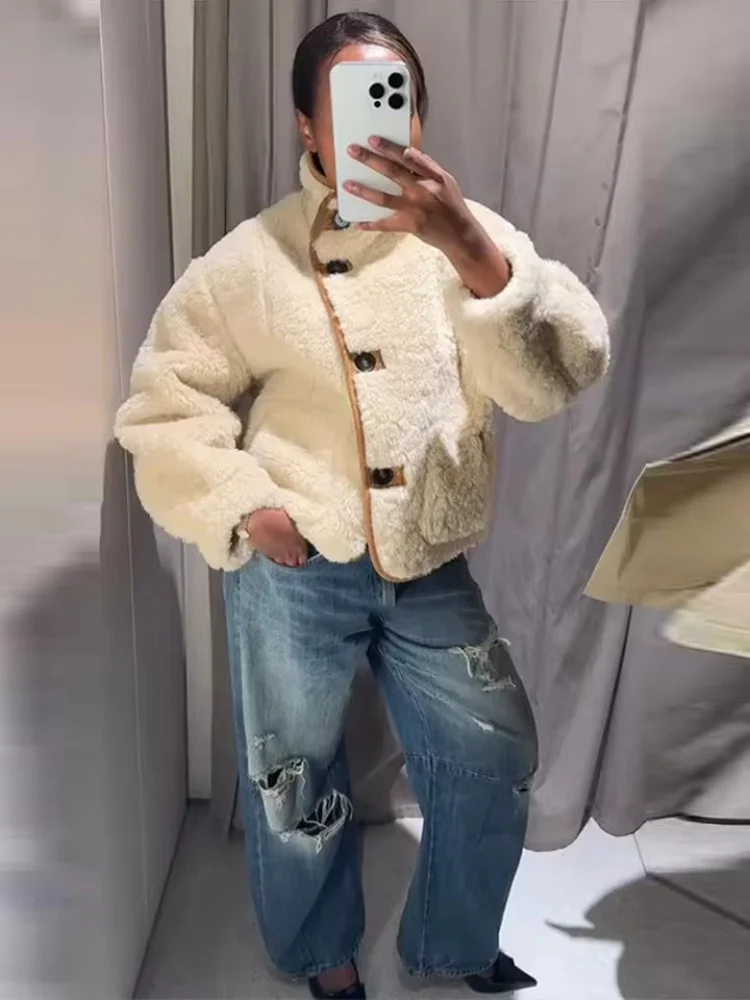 Tidalyf 2025 Dámská oboustranná fleecová bunda s dlouhým rukávem, stojáček, knoflíky a kapsami, ležérní teplá - náhled 5