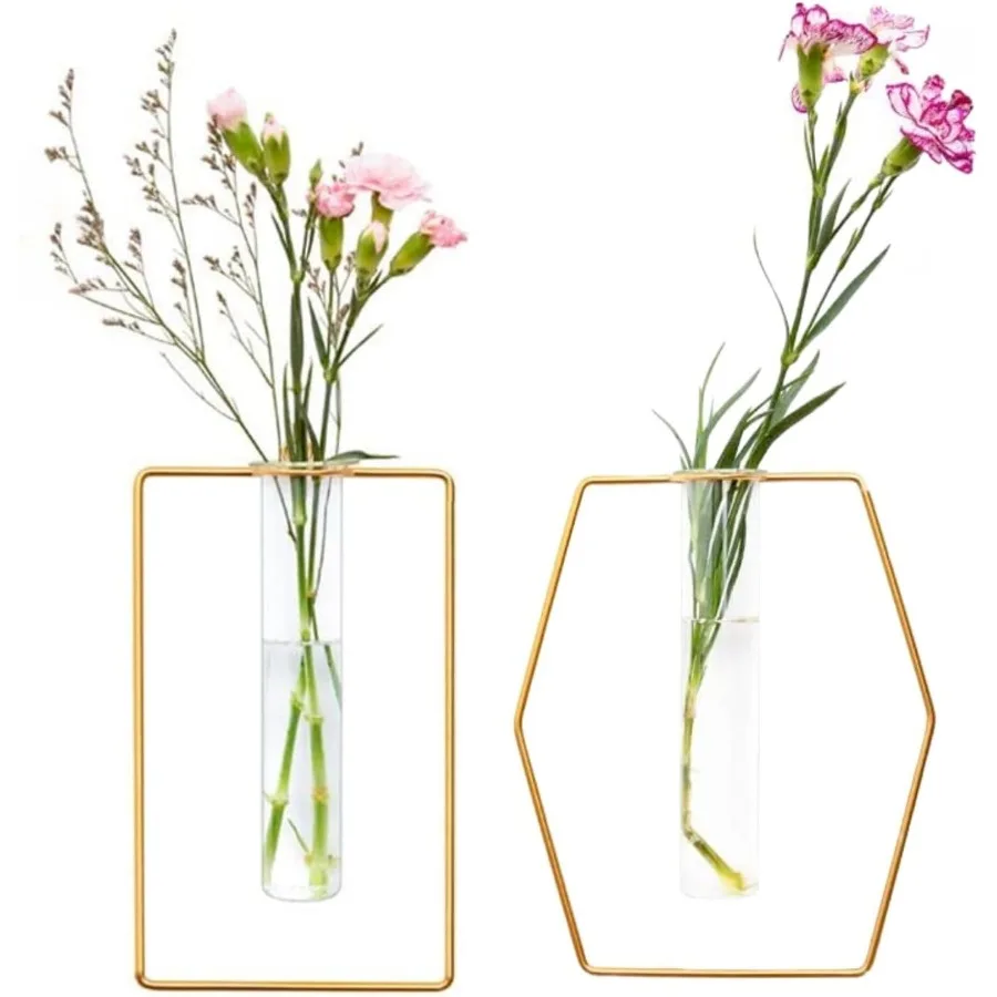 

2 Pack Nordic Wall Vase Hanging Geometric Gold Flower Vase Wall Mount Metal Frame Vases Hydroponic Glass Bud Vase Dr for Home W