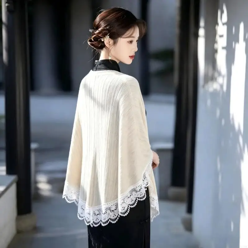 Lace Shawl Lightweight Open Front Wrap With Scalloped Trim and Front Clasp for Daily Outfit Layering Y166
