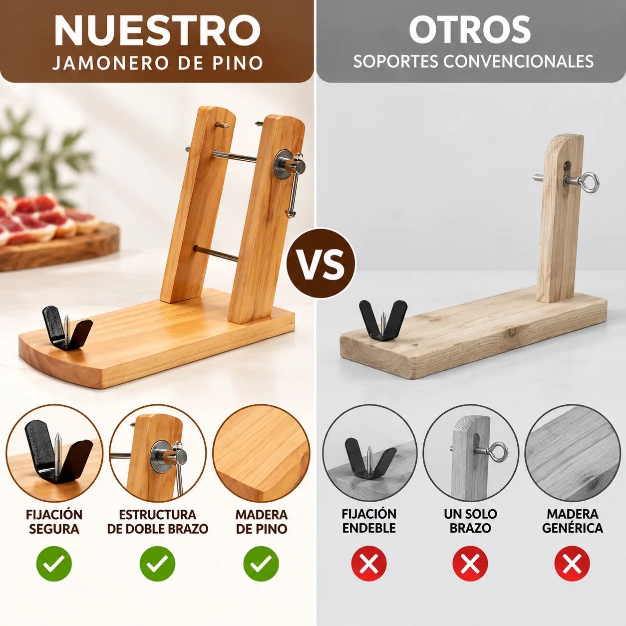Fotografia 7: Suporte para presunto em madeira de pinho e aço inoxidável, com estrutura de braços duplos, para presuntos ibéricos e serranos. Base estável de 44,5 x 22,5 cm, ideal para cortes profissionais em casa.