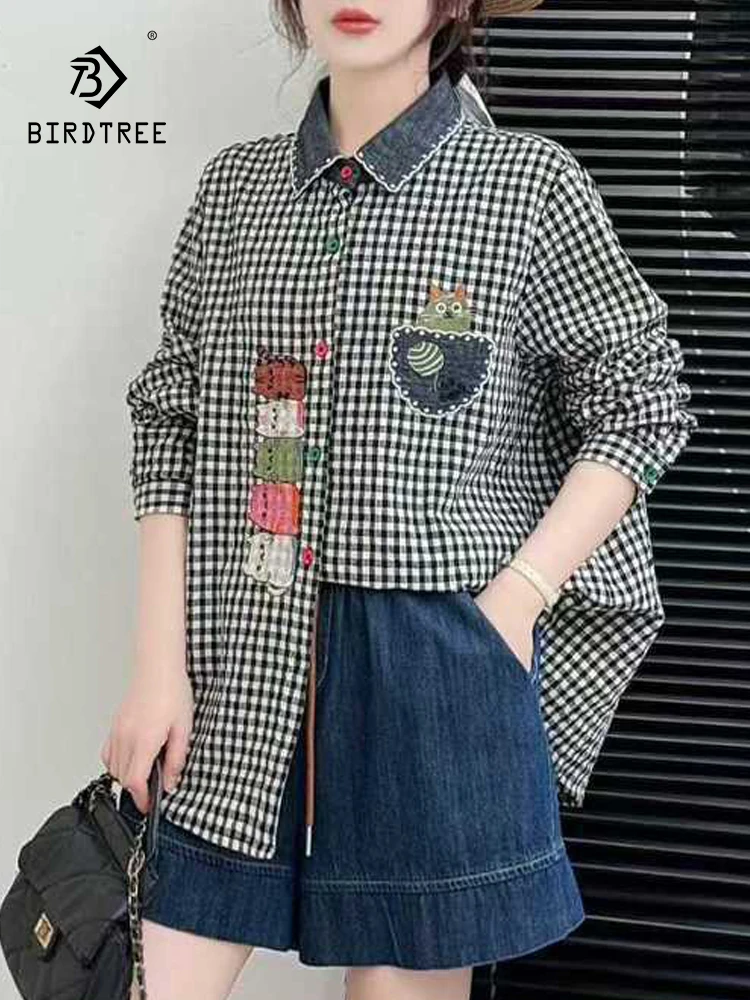 

New 2025 Winter Cotton Long Sleeve Shirt, Women Turn-down Collar Plaid Embroidery, Mori Girl OL Commute Loose Blouse T5N619CC