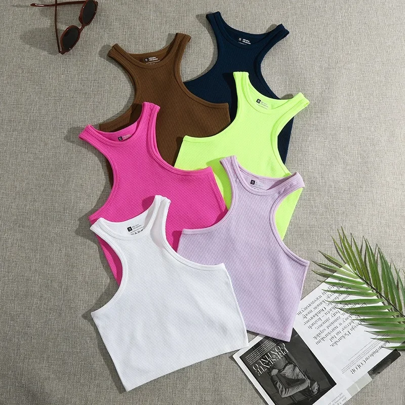 Top corto sin costuras de alta elasticidad para mujer, chaleco sólido de hilo, camisetas sin mangas para entrenamiento de Fitness y Yoga, chaleco informal deportivo Sexy sin mangas