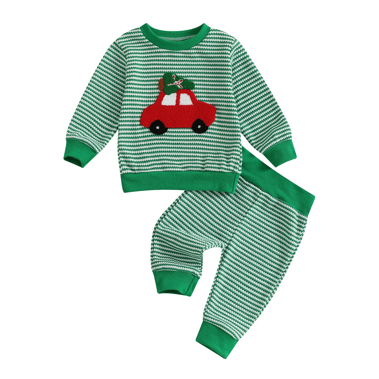 

Toddler Baby Striped Set Fashionable Long Sleeve Christmas Tree/Candy Cane Embroidery Pullover with Pants 2 Pcs Outfit