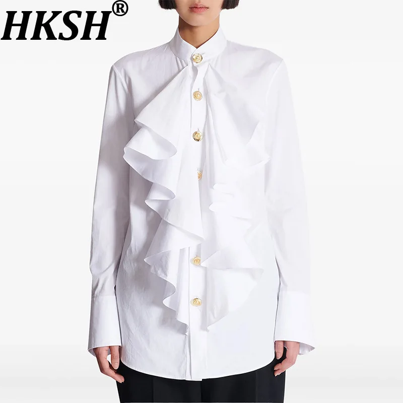 HKSH ربيع الخريف جديد المرأة قميص طويل الأكمام الكشكشة واحدة الصدر تنوعا أنيقة العصرية شارع العليا بلوزة بيضاء HK12330