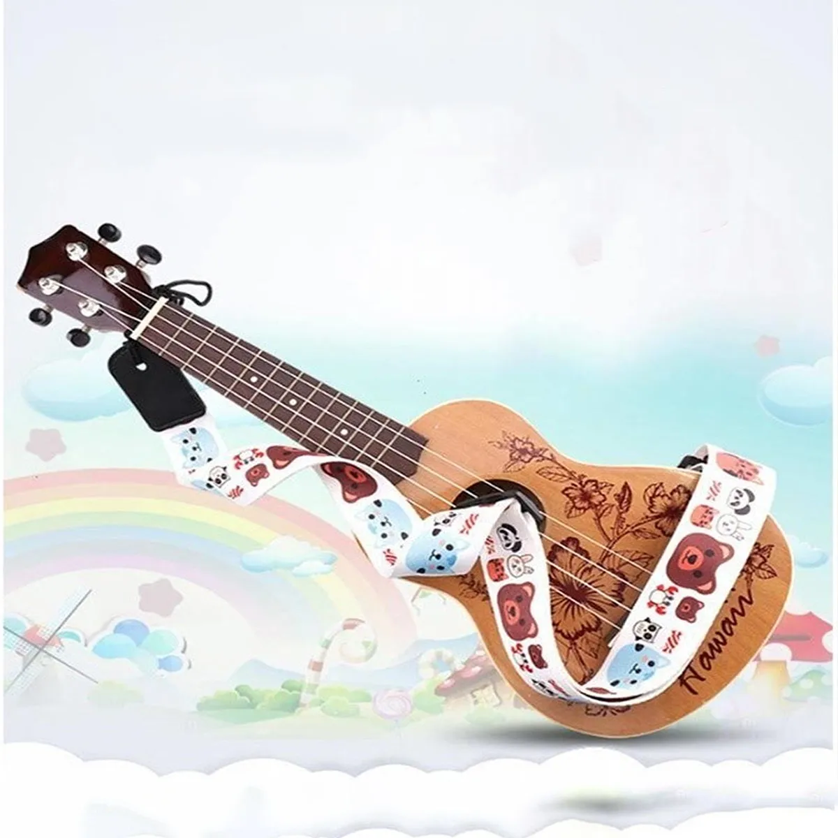 Adjustable Cartoon Bear Ukulele Strap for Guitar Shoulder Strap Made of Soft Polyamide PU Comfortable Breathable