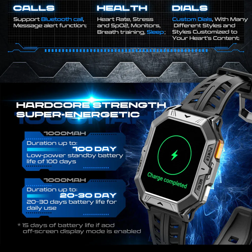 Sport Fitness Outdoor Waterproof Fall Prevention Men Smart Watch Blue Tooth Call AMOLED Screen Compass Health Music Smartwatch