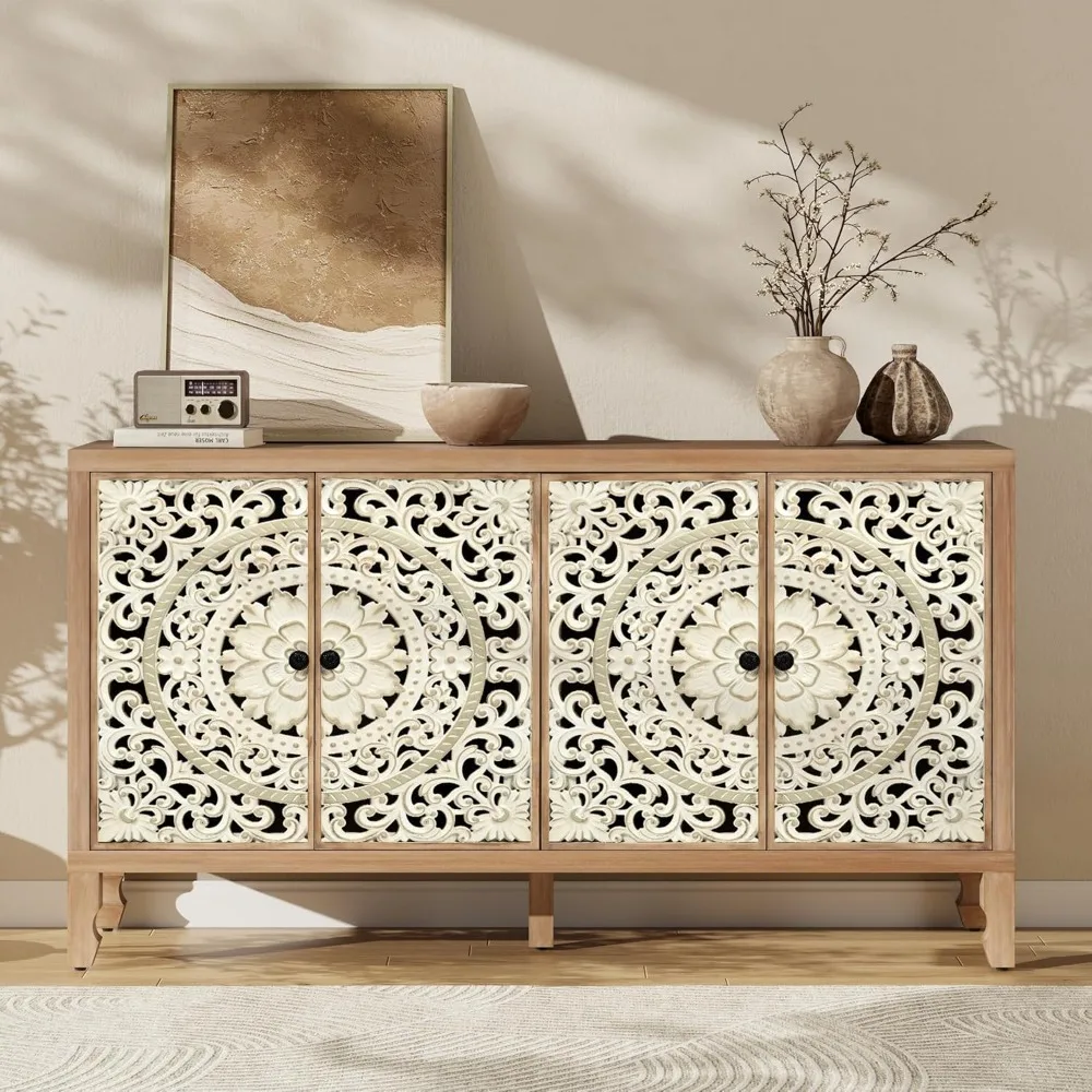 Solid Wood Buffet Cabinet with 4 Carved Doors and Adjustable Storage Shelf