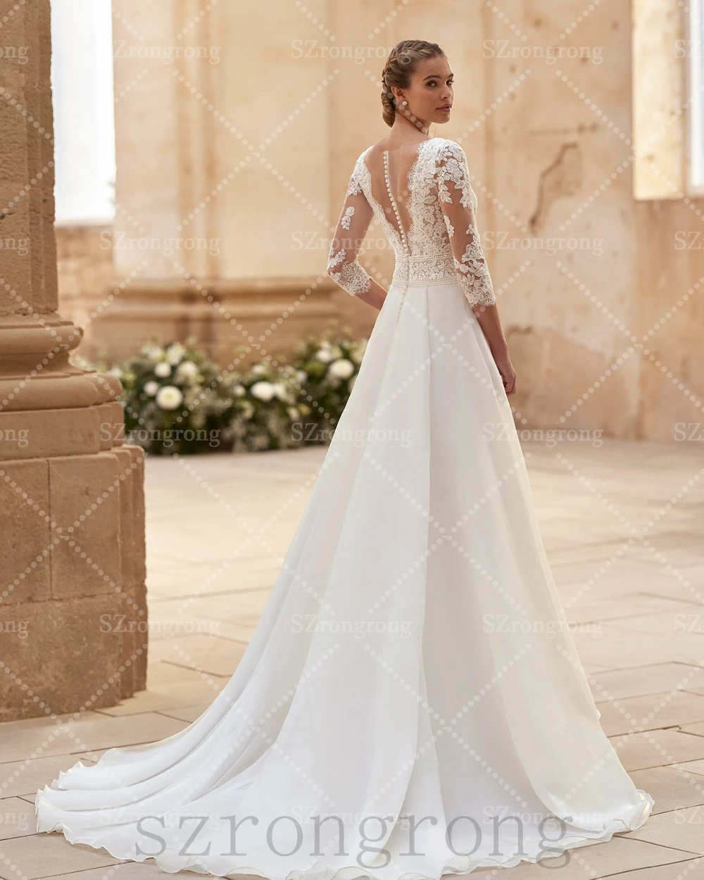 

Custom Made V-neck Illusion Sleeve Lace Bohemaid Wedding Dress A-line Open Back Appliques Floor Length Bridal Dress with Court