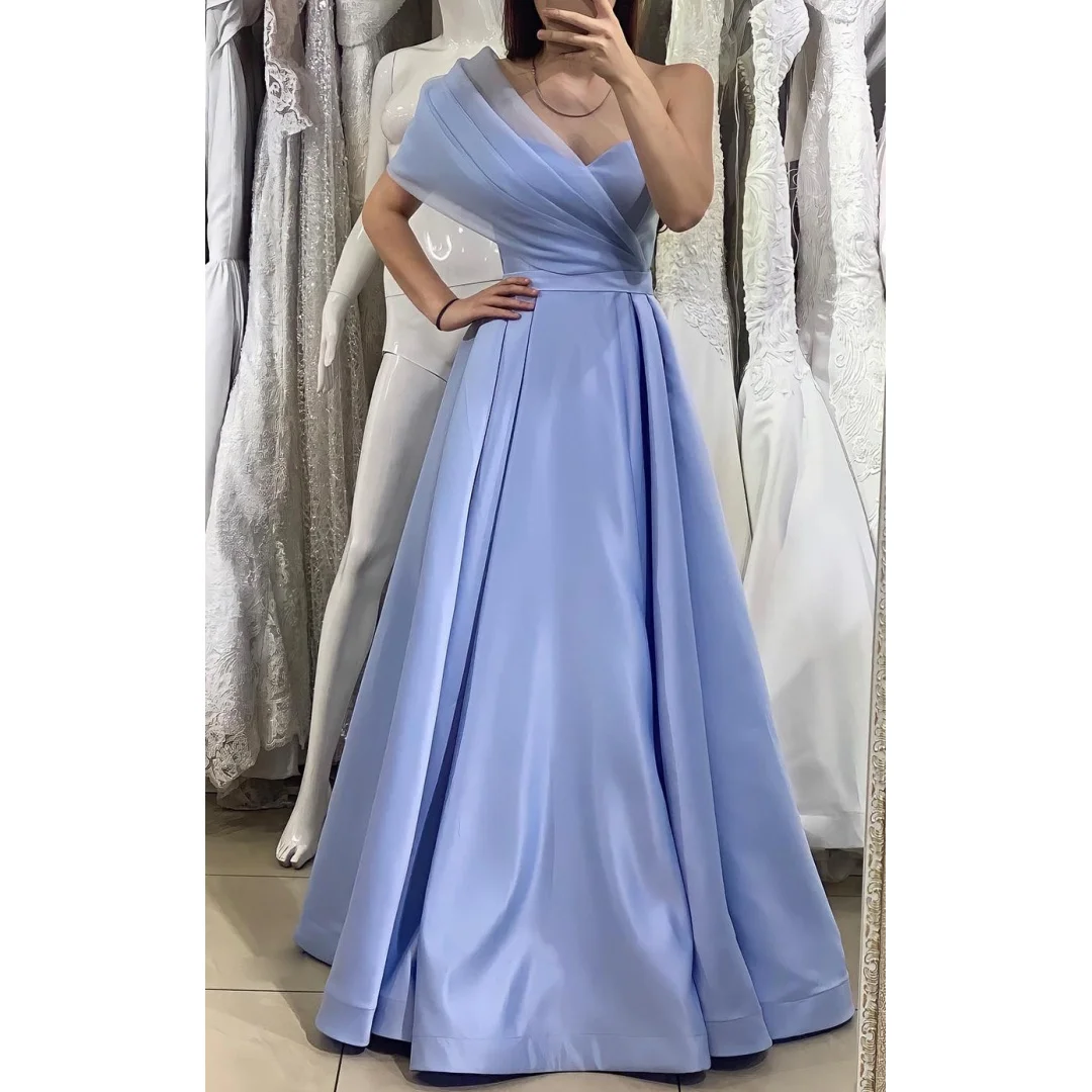 Cetim de um ombro-A linha Vestidos Querida mangas plissados Ruched Long Prom Dress Ocasião Formal Wedding Party Gown