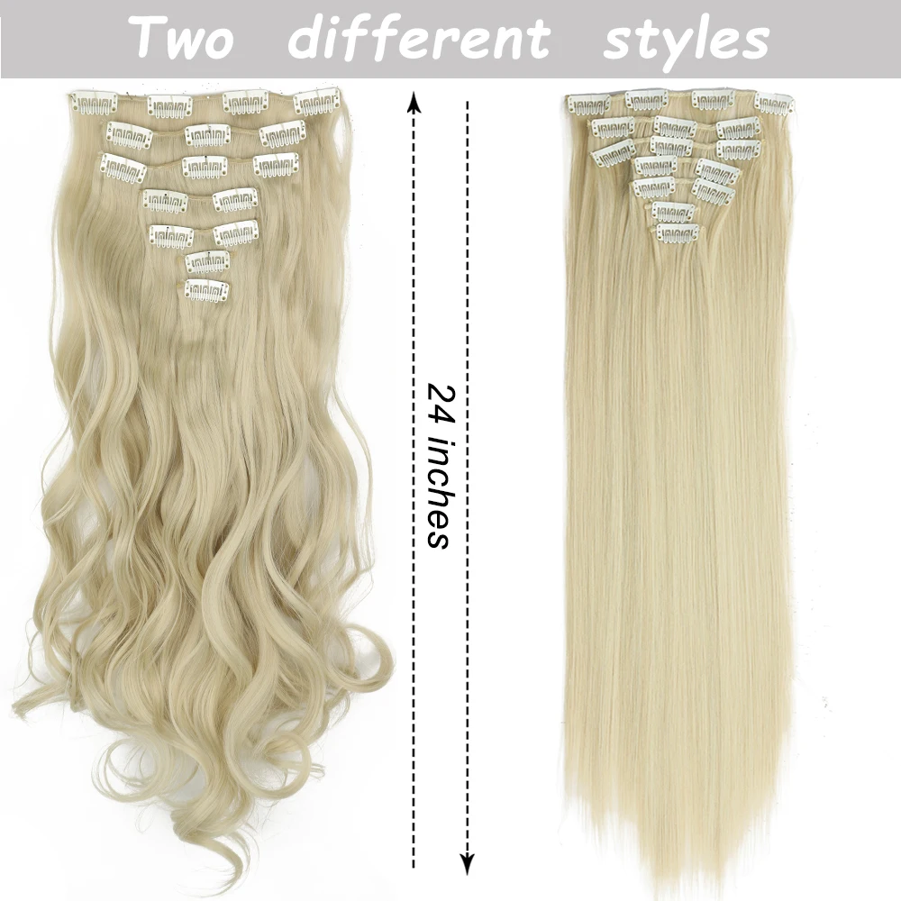 Extensions de Cheveux Synthétiques Longs et Lisses, Postiches Naturelles Blondes Noires, Degré de Chaleur, pour Femme, 16 Clips, 7 Pièces/Ensemble