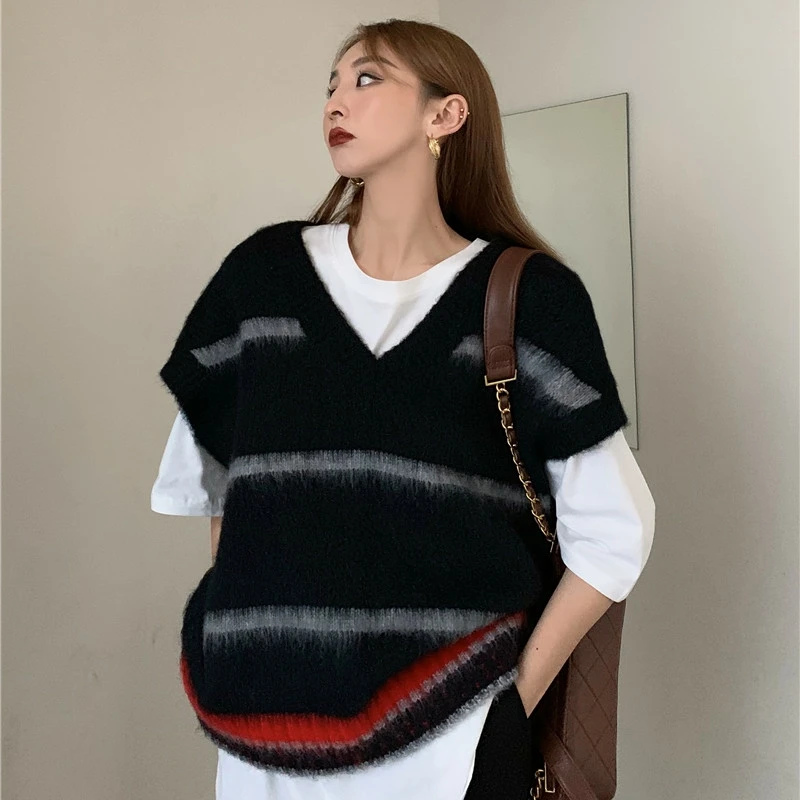 Czarny Vintage moherowy sweter kamizelka kobiety Indie estetyka paski moda sweter kamizelka 2023 nowa wiosna jesień ciepłe luźne dorywczo