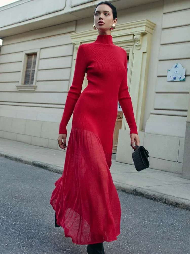 

Вечернее платье для женщин на весну-осень 2026, однотонное, с длинным рукавом, высоким воротом, складками, элегантное, красное