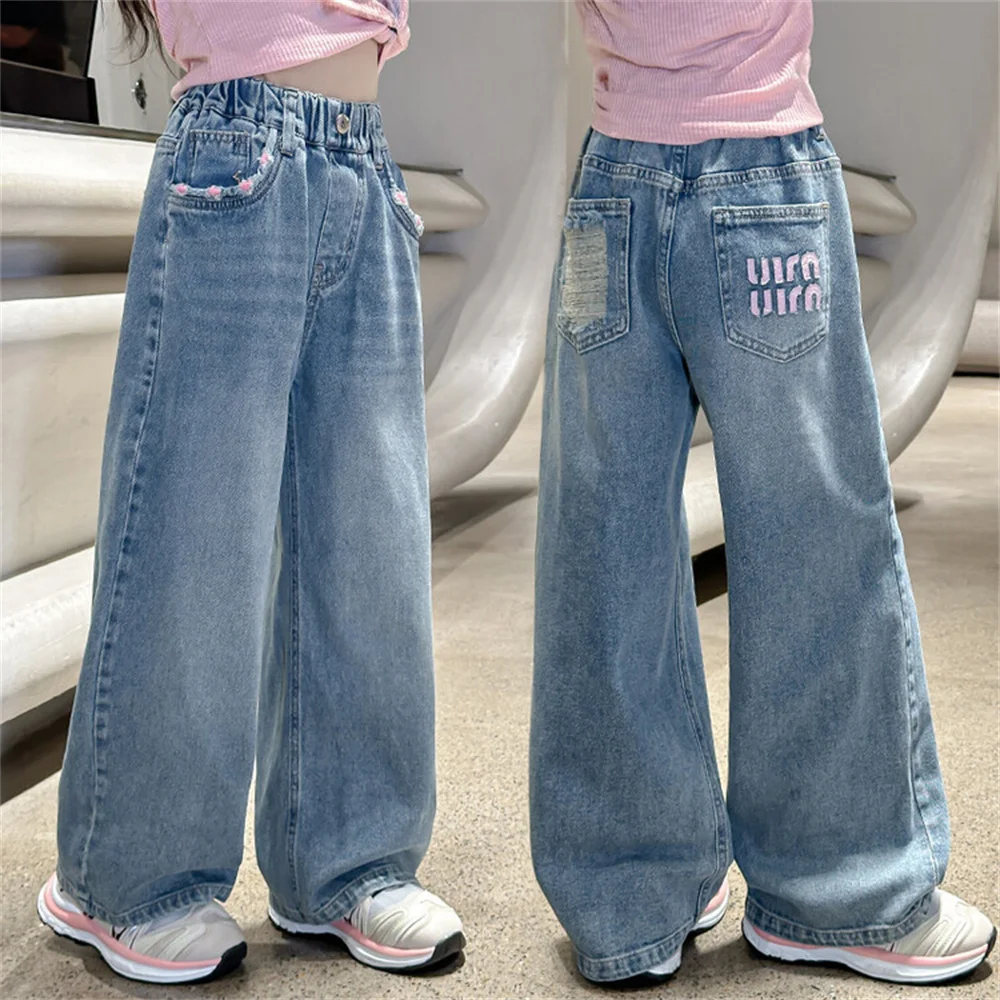 2403 Youngsters Fashion Embroidery Girls\' Jeans Children\'s Jeans Kid\'s Casual Pants Girls\' Wide Leg Pants