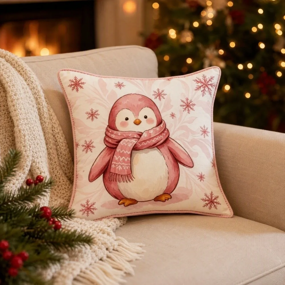 Soft Christmas Pillow Cover Pink Watercolor Style 45cm 17.72in Xmas Tree Pillowslip Square Elk Deer Decorative