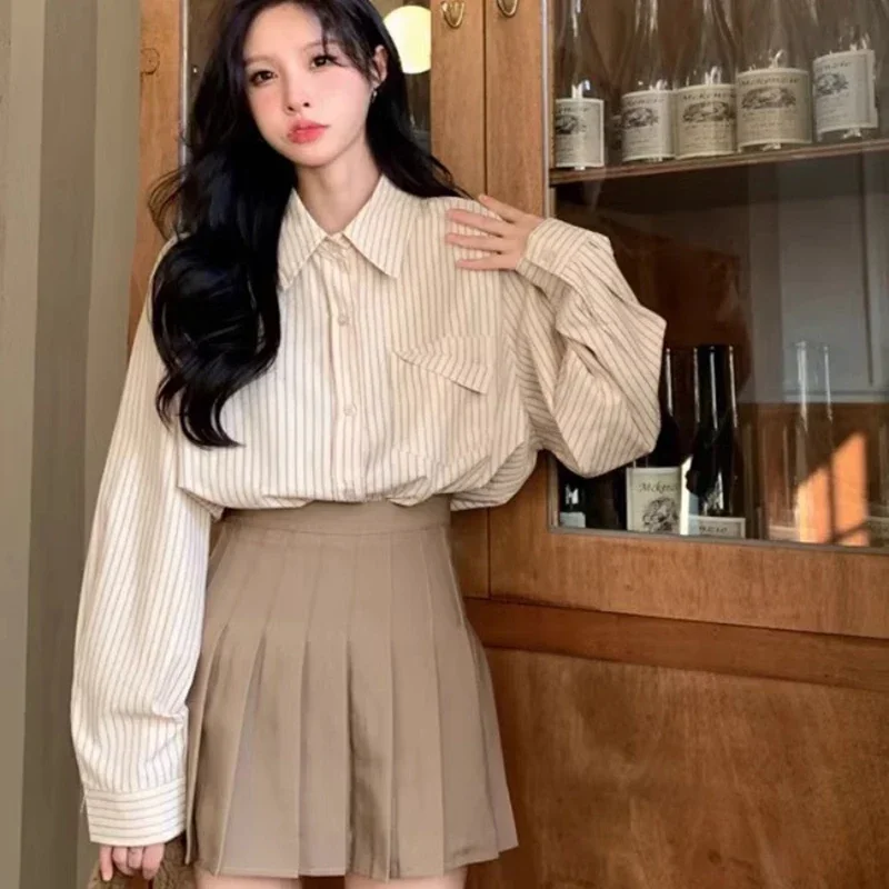 Korean Fashion Blue Striped Shirt Women 2025 Autumn Long Sleeve Loose Blouses Woman Chic Pocket Turn Down Collar Shirts Female