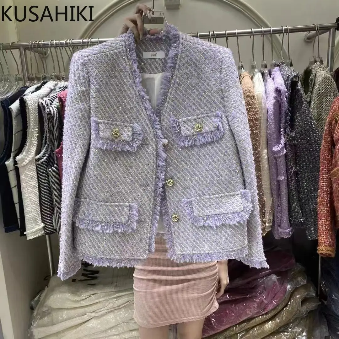 KUSAHIKI Elegant Korean Fashion Tweed Cardigan Coat Women 2023 Autumn New Jackets Causal Single Breasted V-neck Outwear Tops