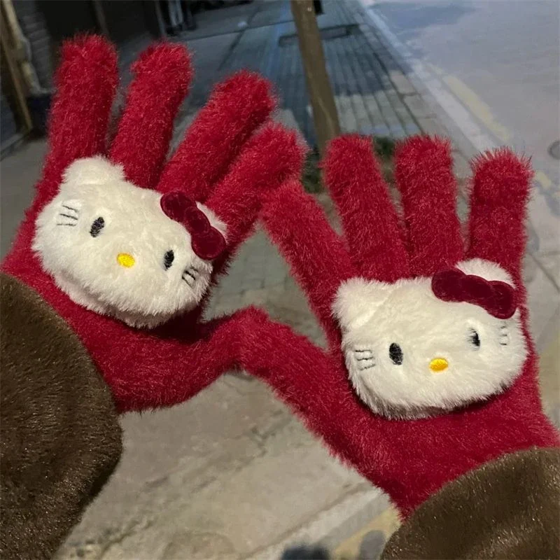 Hello Kitty New Red Christmas Winter  Kitty Girl Heart Windproof and Warm Finger Cute and Versatile Cycling Decoration Gloves