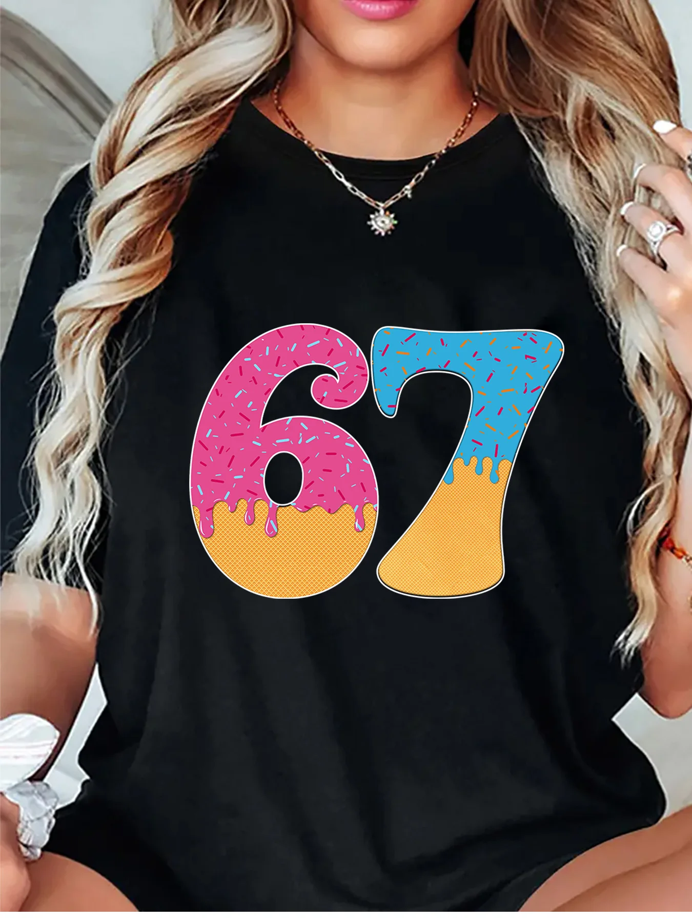Cute Candy Drip Number 67 With Colorful Sugar Sprinkles Art Print Graphic Ladies T Shirt Short Sleeve Crew Neck Casual Tee Tops