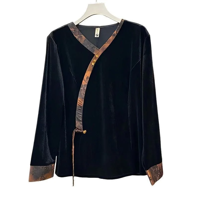 Retro Ladies High-end V-neck Short T-shirt Spring Women Large Size 6XL Patchwork Tops Autumn Female Fashion Golden Velvet Tees