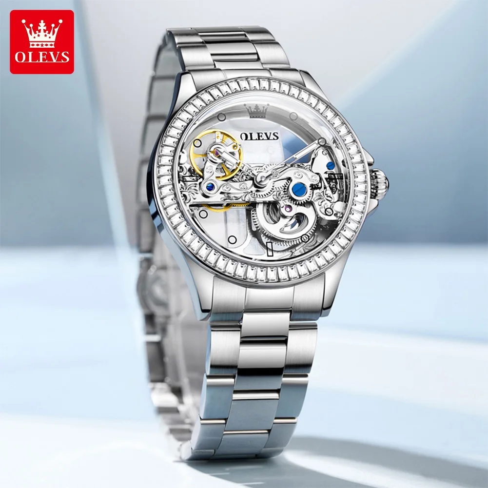 OLEVS 6699 Fully Hollow Women Mechanical Watch Luxury Flywheel Diamond Bezel Brand Top Watch Women Automatic Watch Reloj Mujer