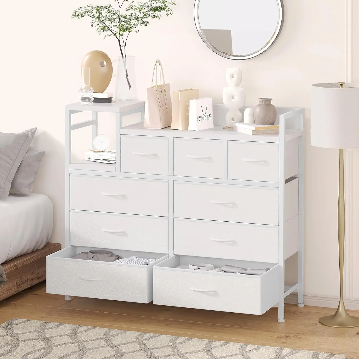 

Modern 9-Drawer Dresser with Built-in Charging Station - Heavy-Duty Bedroom Dresser Organizer, Sturdy Steel Frame & Adjustable F