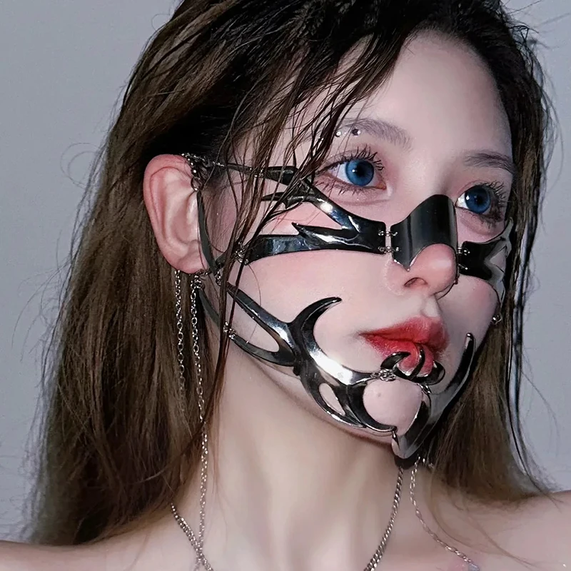 Juego Love and Deepspace Sylus Caleb máscara de Cosplay Metal mecánico CyberPunk Irregular adorno facial de Metal accesorios de joyería