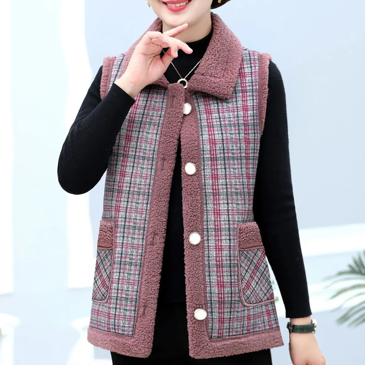 Middle-aged Mother\'s New Splicing Lamb Velvet Vest Autumn Winter Slim Thick Plaid Coat Short Women\'s Warm Sleeveless Jacket 5XL