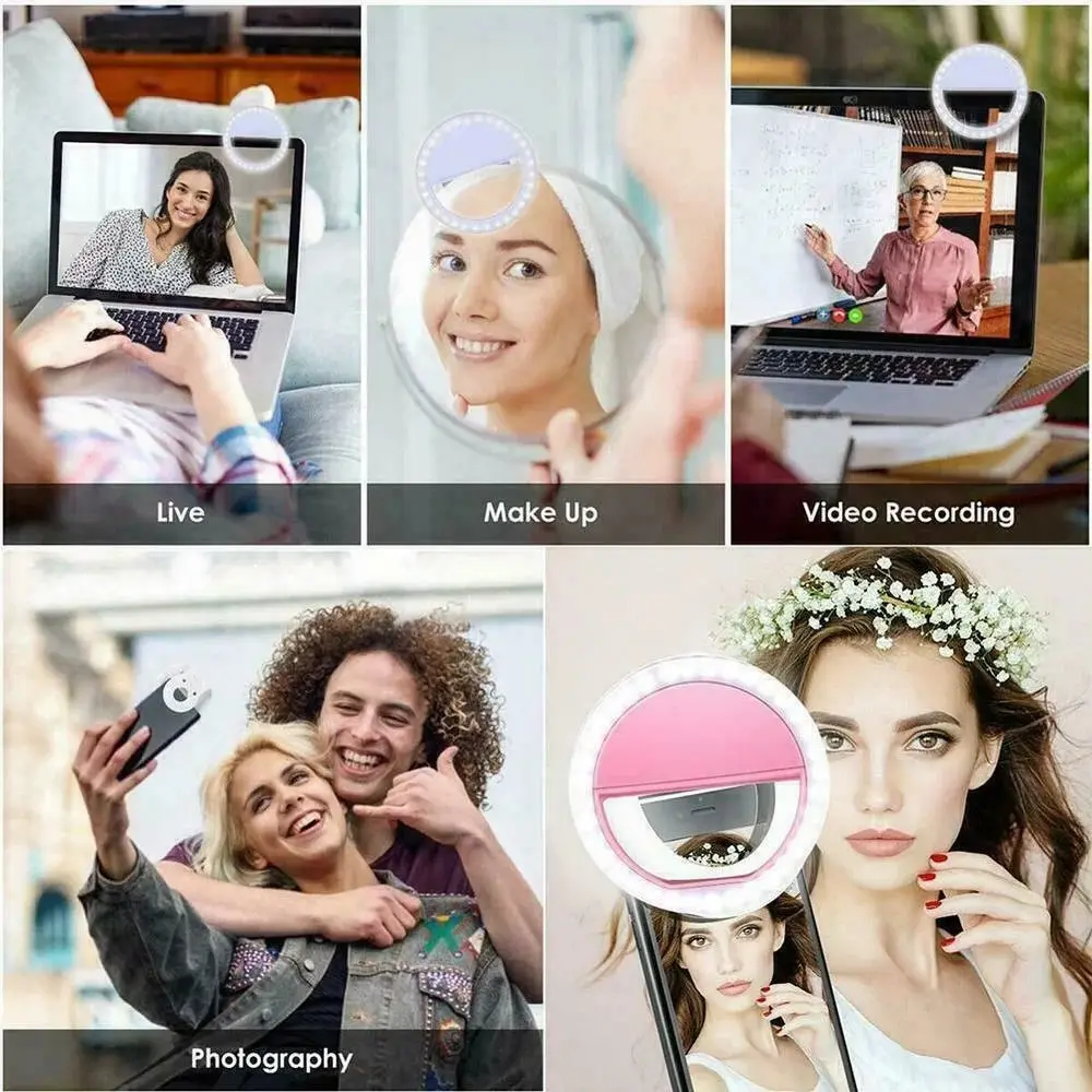 Regulowana 3-stopniowa lampka do selfie z pierścieniem LED, klips do telefonu, lampa do transmisji na żywo, przenośna lampa z ładowaniem USB