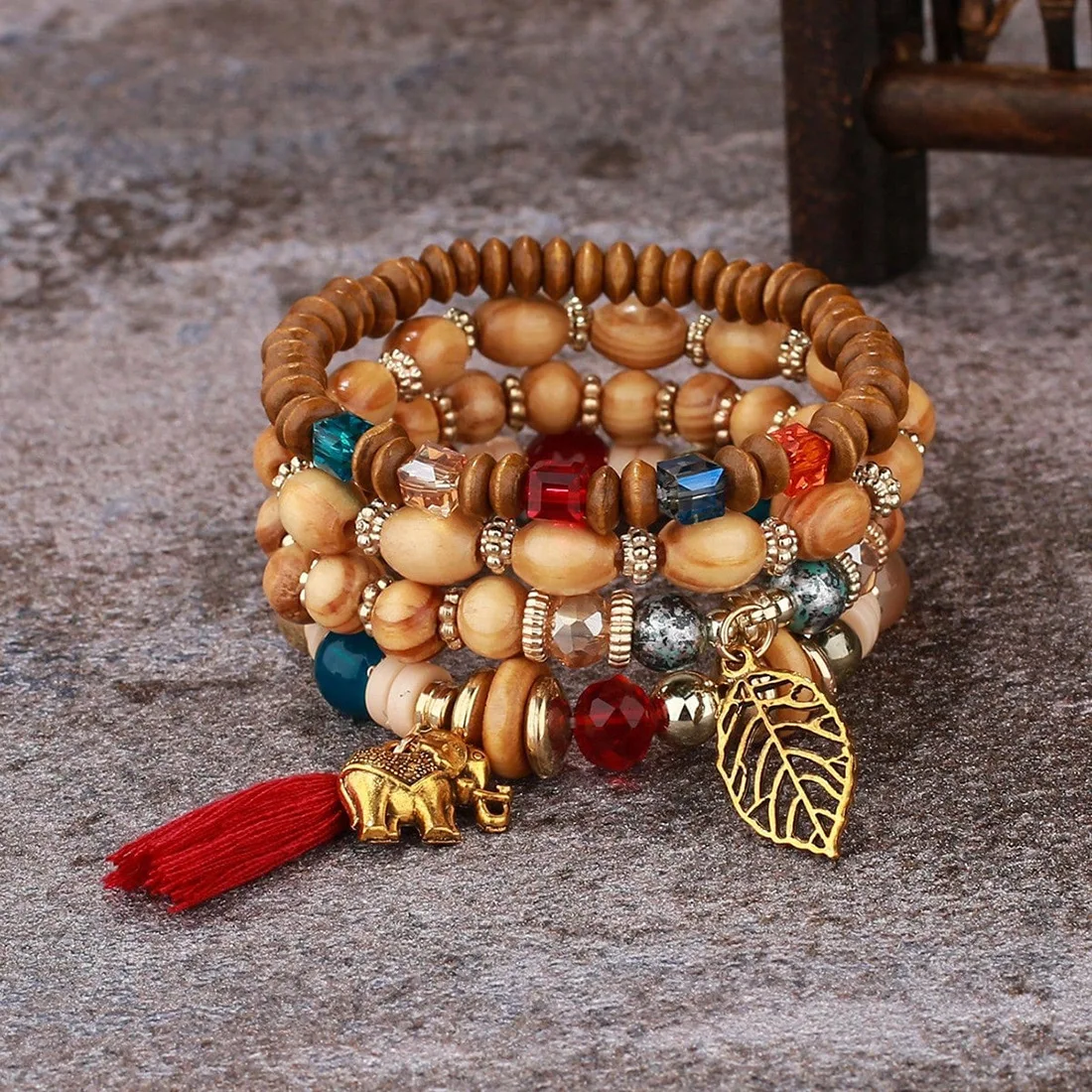 European, American Bohemian style multi-layer wooden bead beaded bracelet, elastic bracelet, baby elephant pendant, fringed laye