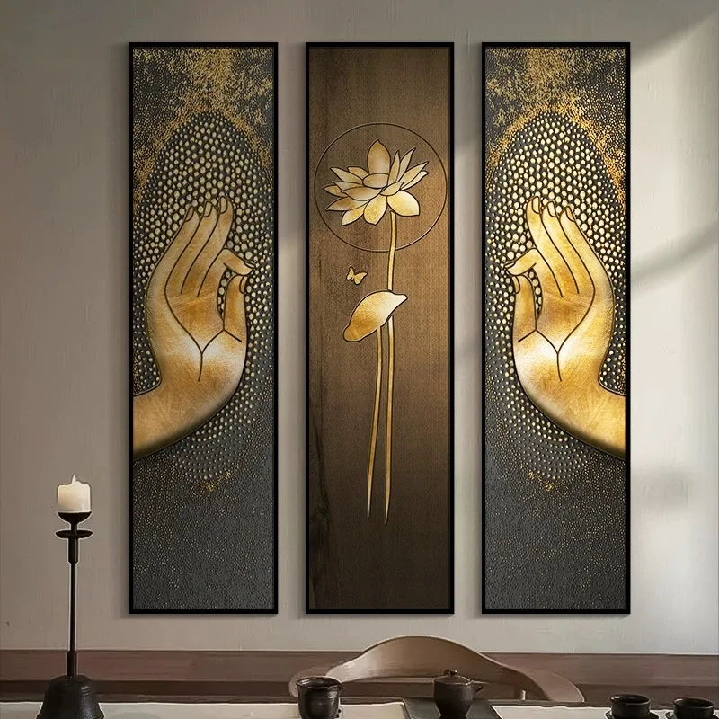 Zen hanging painting living room background wall decoration painting Buddha hand lotus combination painting vertical mural