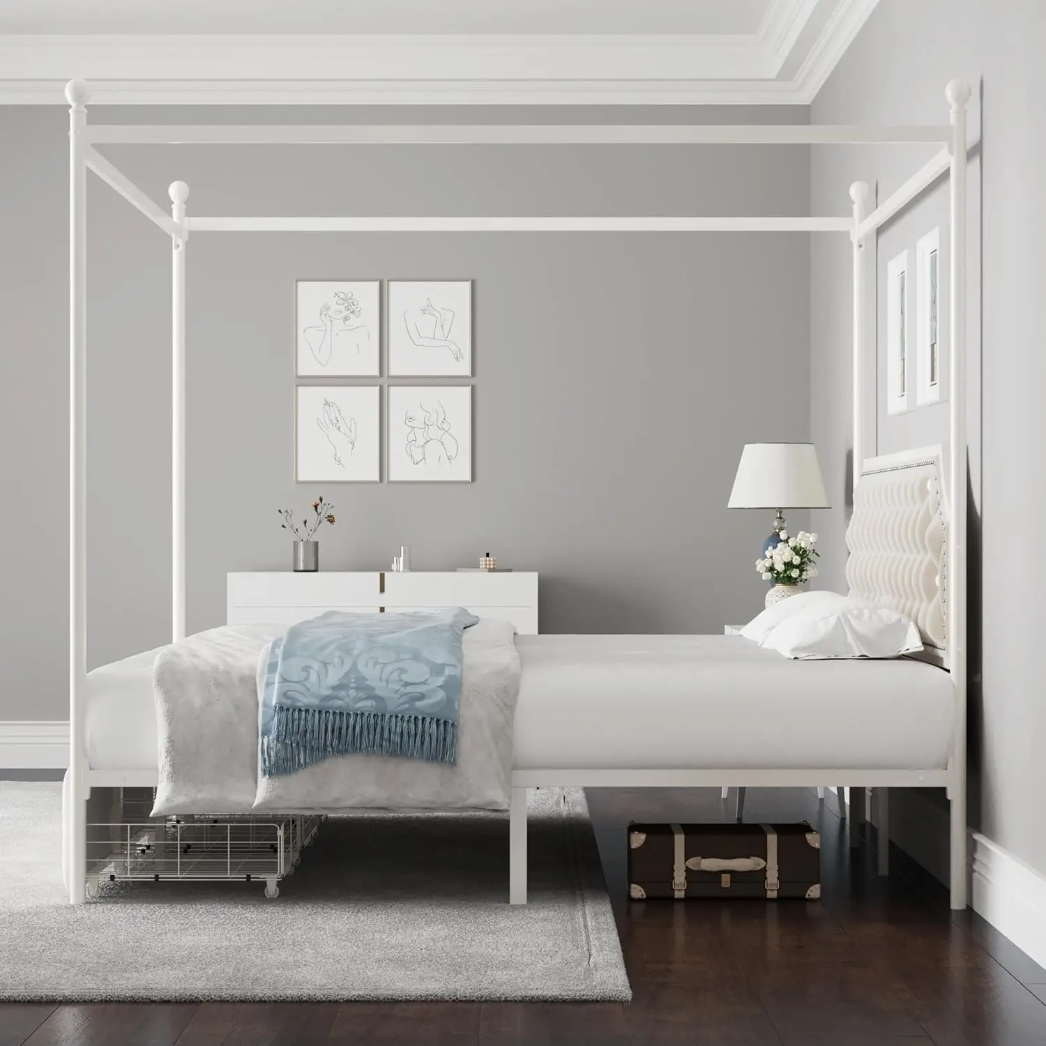 Estrutura de cama King estofada com dossel com 3 gavetas e cabeceira capitonada com botões, cama de plataforma de metal com 4 postes removíveis