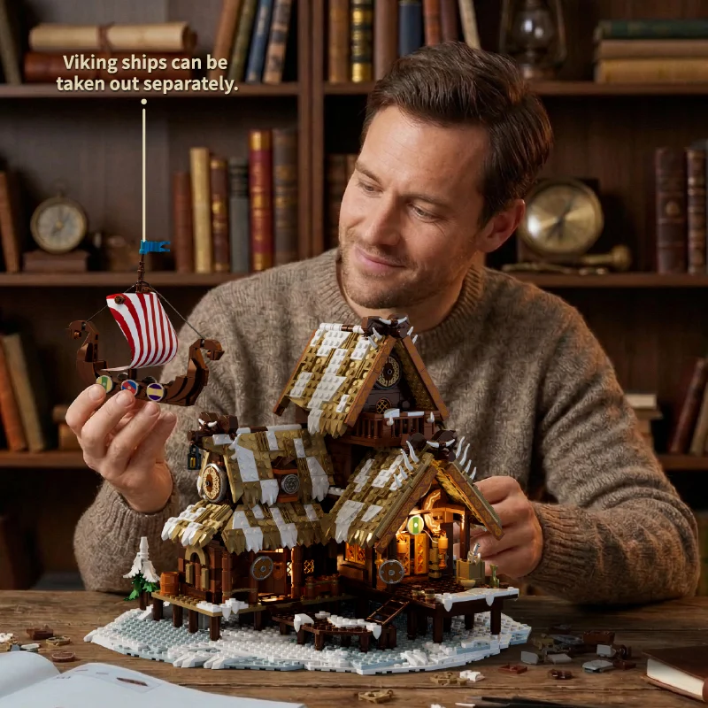1694PCS Icehorn Longhouse Building Blocks Medieval Viking Cabin House Model With Ship DIY MOC Street View Architecture Bricks Kit For Christmas Birthday Gifts - view 5
