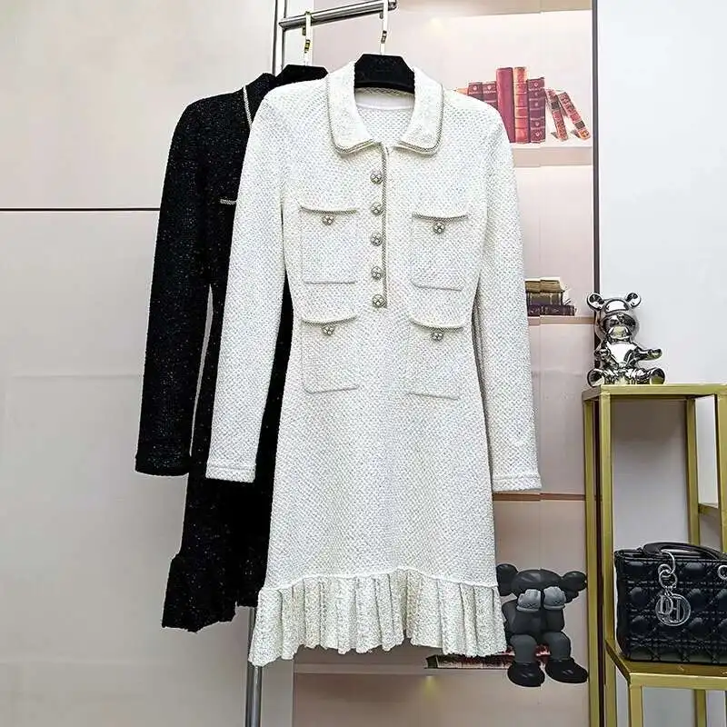 فساتين قصيرة محبوكة كريستالية فاخرة للنساء لربيع وخريف 2025 بأكمام طويلة وجيوب مطوي فساتين الحفلات المسائية