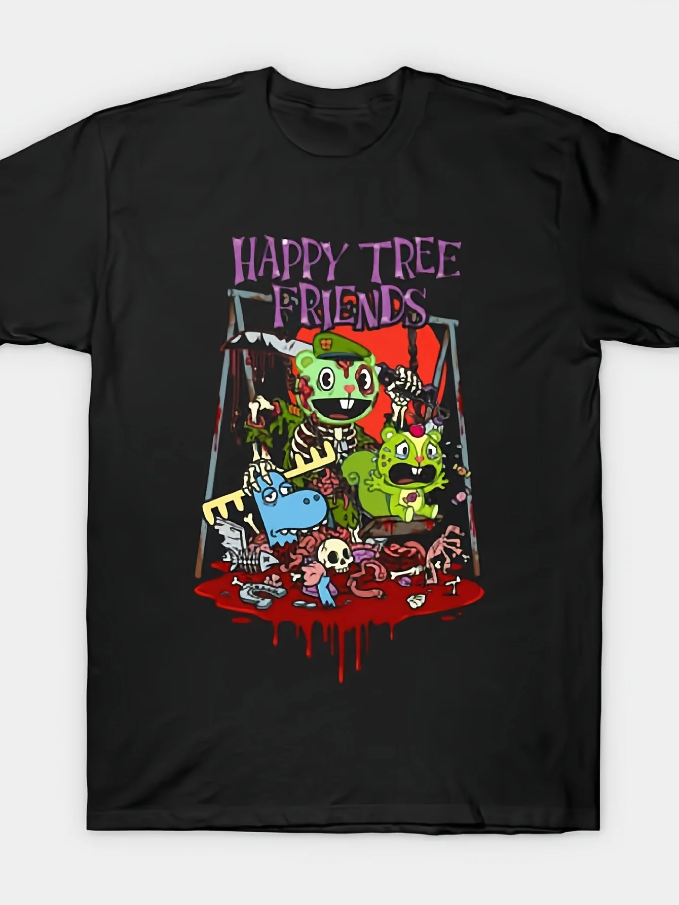Camiseta preta Happy Tree Partner com estampa de verão, festa de Halloween, vestido casual para homens e mulheres