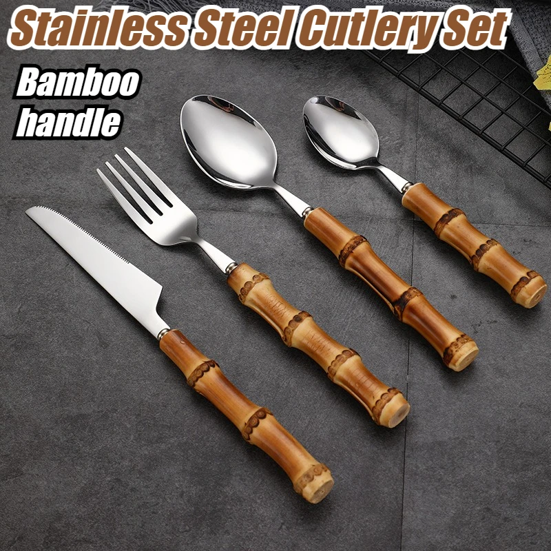 

Bamboo Handle Mirror Polished Stainless Steel Cutlery Set Steak Knife Fork Spoon Tableware Gift