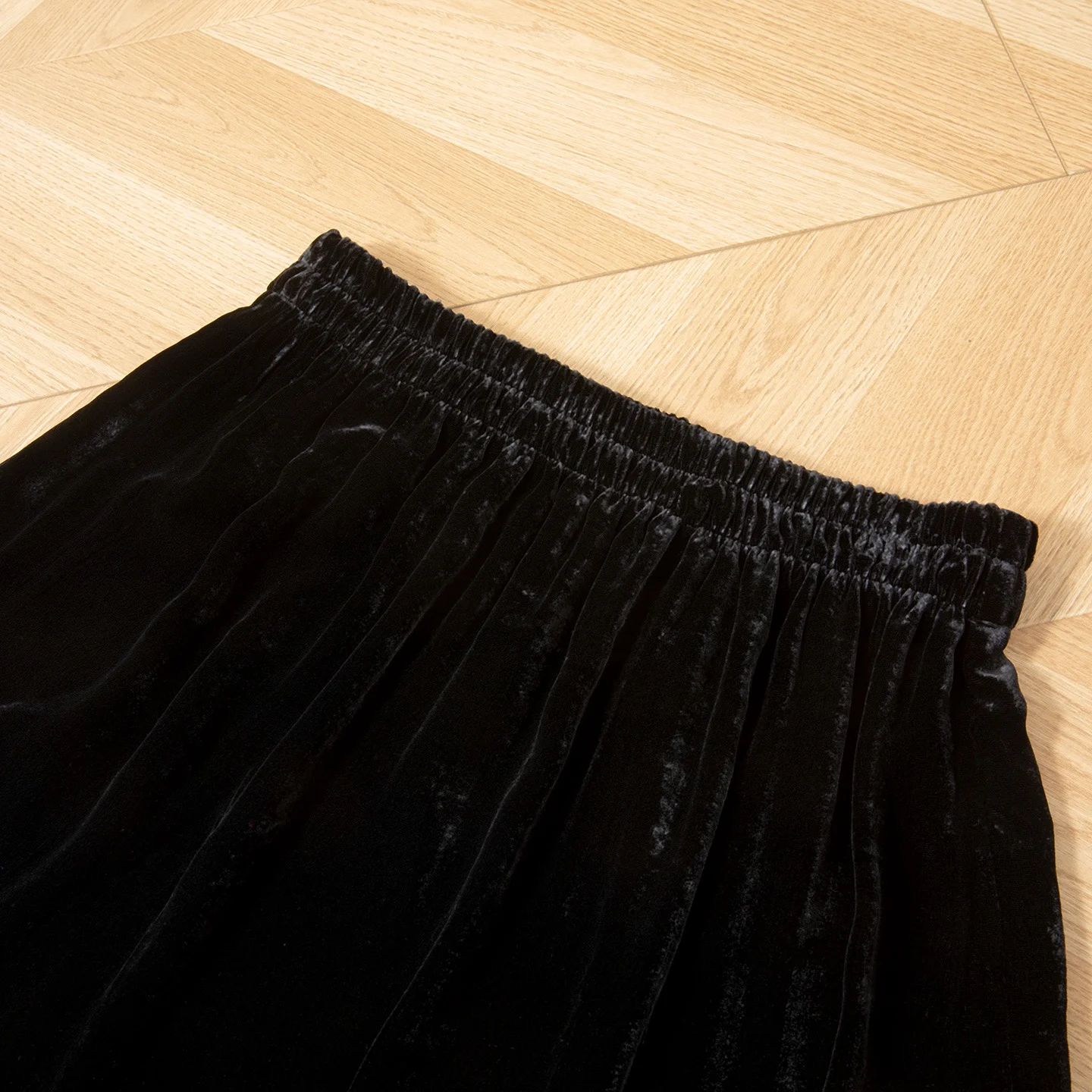 女性のファッション春/秋の新しいエレガントな多用途ブラック 30% 天然桑シルクベルベットデザイン弾性ウエスト A ラインスカート