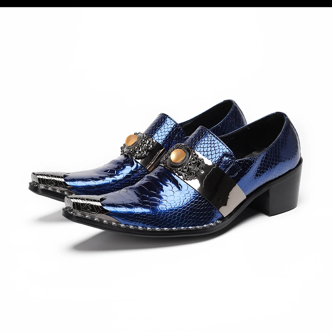 Luxury Blue Metal Charm Pointed Toe Formal Brogue Shoes Male Genuine Leather Men Dress Shoes Club Loafers Business Footwear