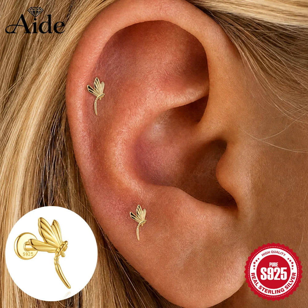 AIDE 925 Sterling Silver Sea Animal Dragonfly/Shark/Octopus Tentacle For Women Cartilage Stud Helix Conch Lobe Flat Back Jewelry