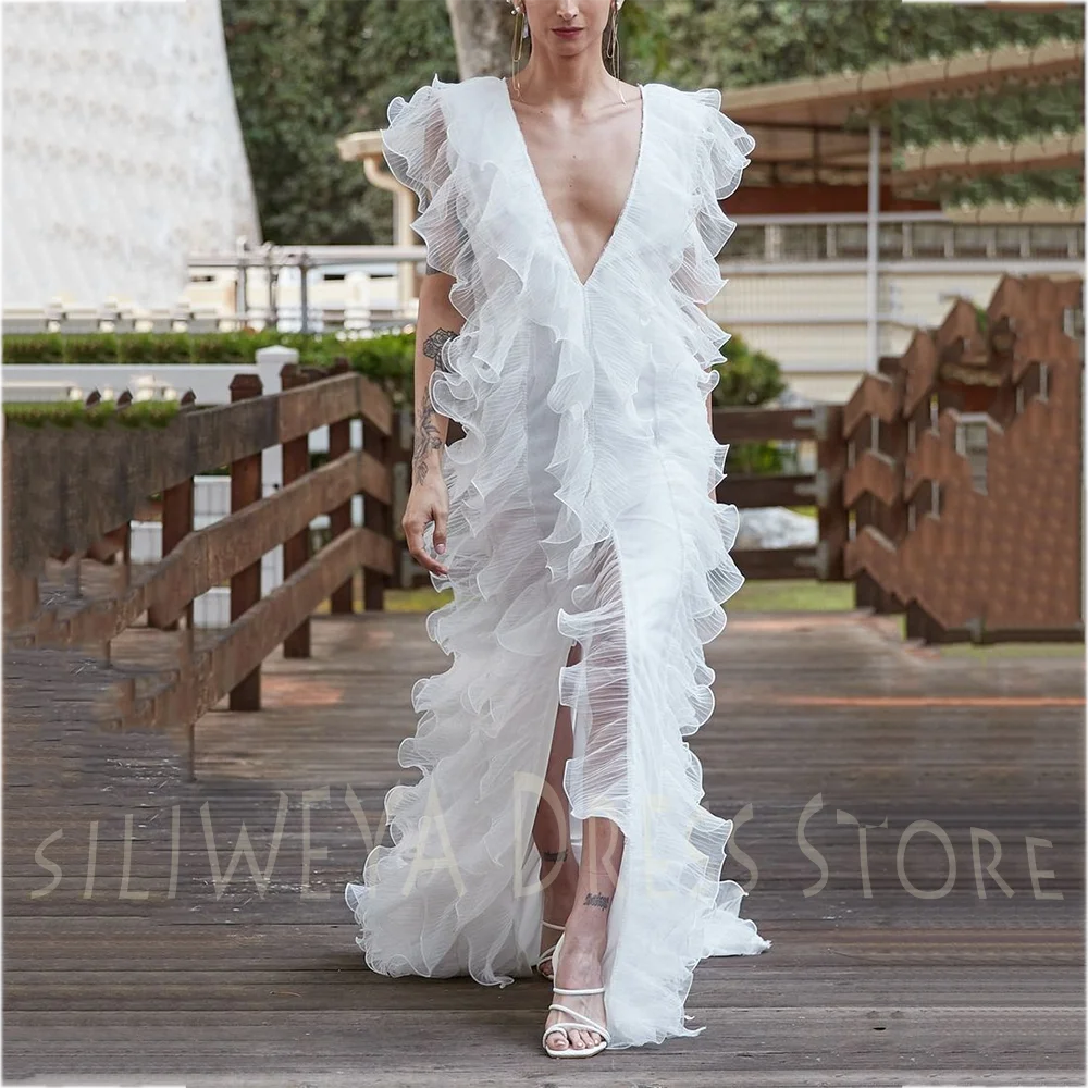 

White Deep V Neck Ruffle Tulle Wedding Dress Sleeveless High Split Floor Length Elegant Bridal Gown Bohemian Beach Party Prom