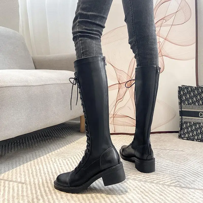 Flat Half High Boots Woman Winter 2024 Genuine Leather High Quality Chunky Platform Gothic Y2k Black Long Shoes For Women Trend