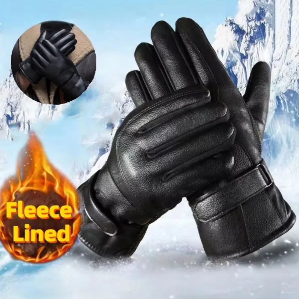 1 Pair New Touchscreen Leather Gloves Windproof Waterproof Winter Warm Gloves Fleece-Lined Thickened Cycling Gloves Men