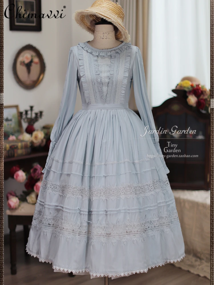 

French Vintage Lolita Op Dress Women 2024 Summer Round Neck Long Sleeve Lace-up High Waist Pleated A- Line Sweet Princess Dress